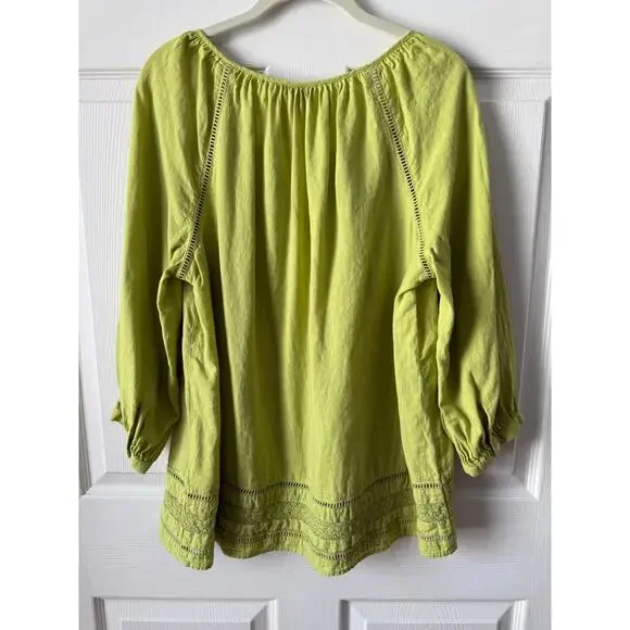 J. Jill Vintage Chartreuse Green Linen Blend Peasant Blouse Womens L Boho Top - Picture 2 of 7